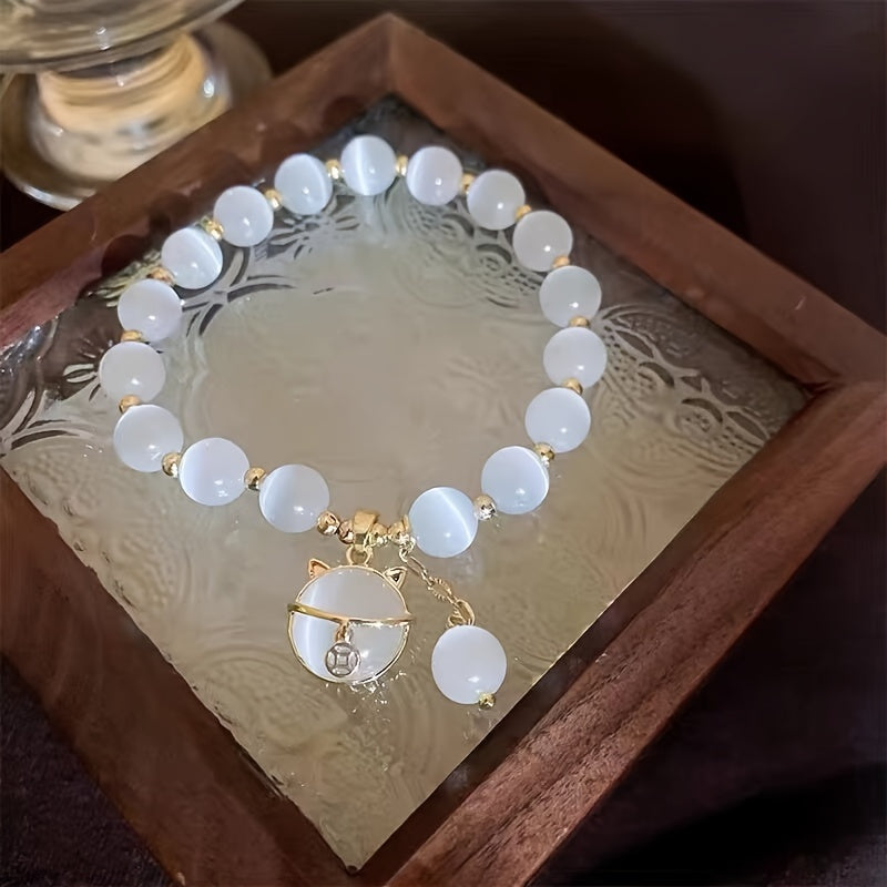 Opal Beaded Bracelet with Cat Pendant – Stylish Gift for Any Occasion