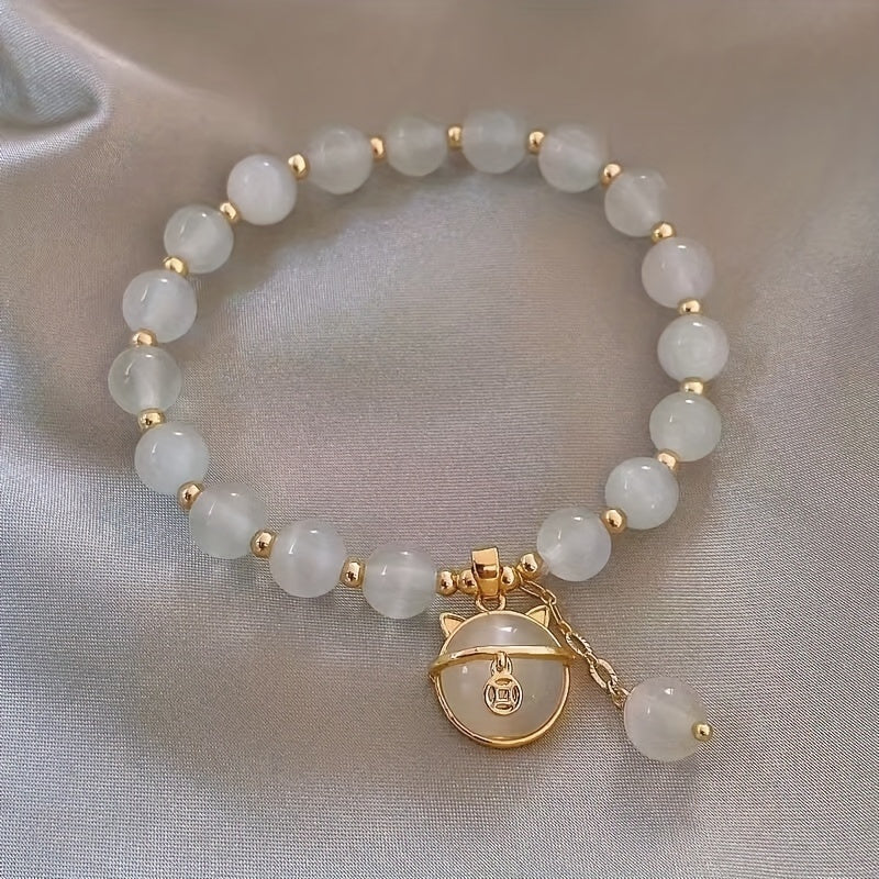Opal Beaded Bracelet with Cat Pendant – Stylish Gift for Any Occasion