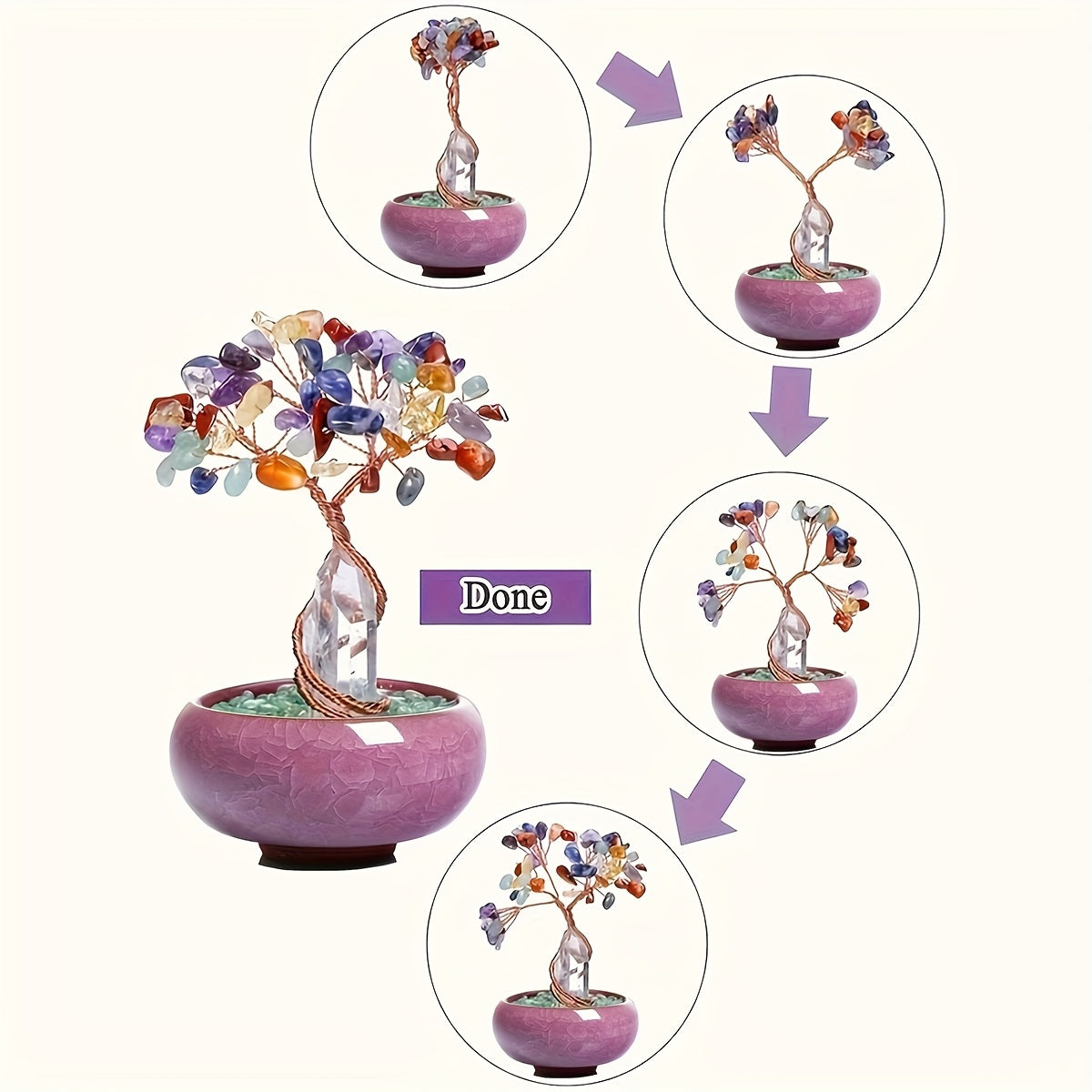 1pc Natural Rose Quartz Crystal Tree with Stump, Crushed Sto