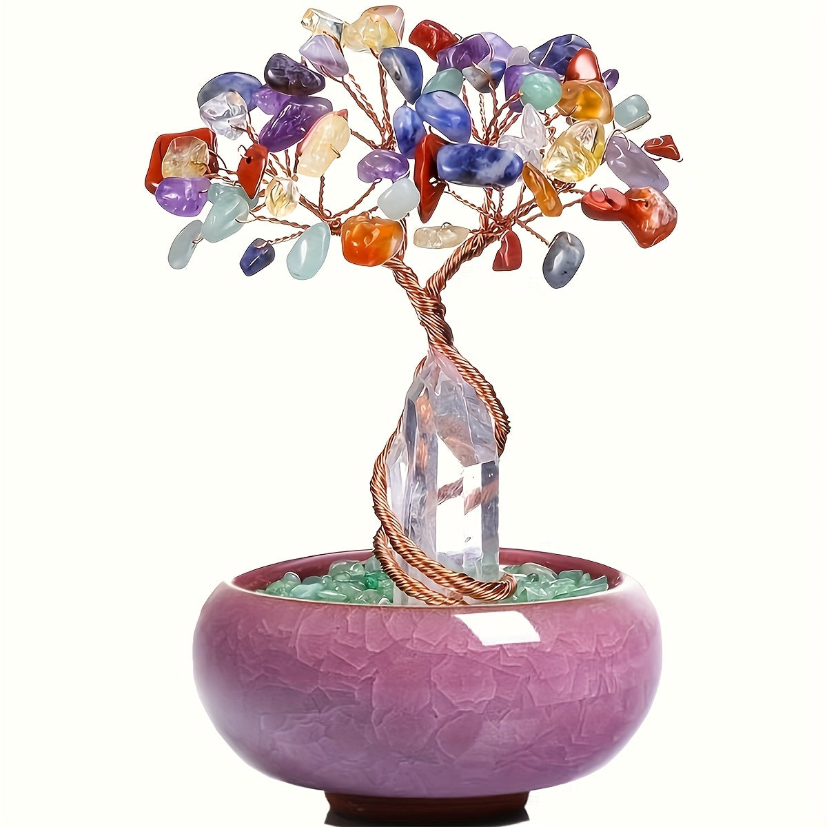 1pc Natural Rose Quartz Crystal Tree with Stump, Crushed Sto