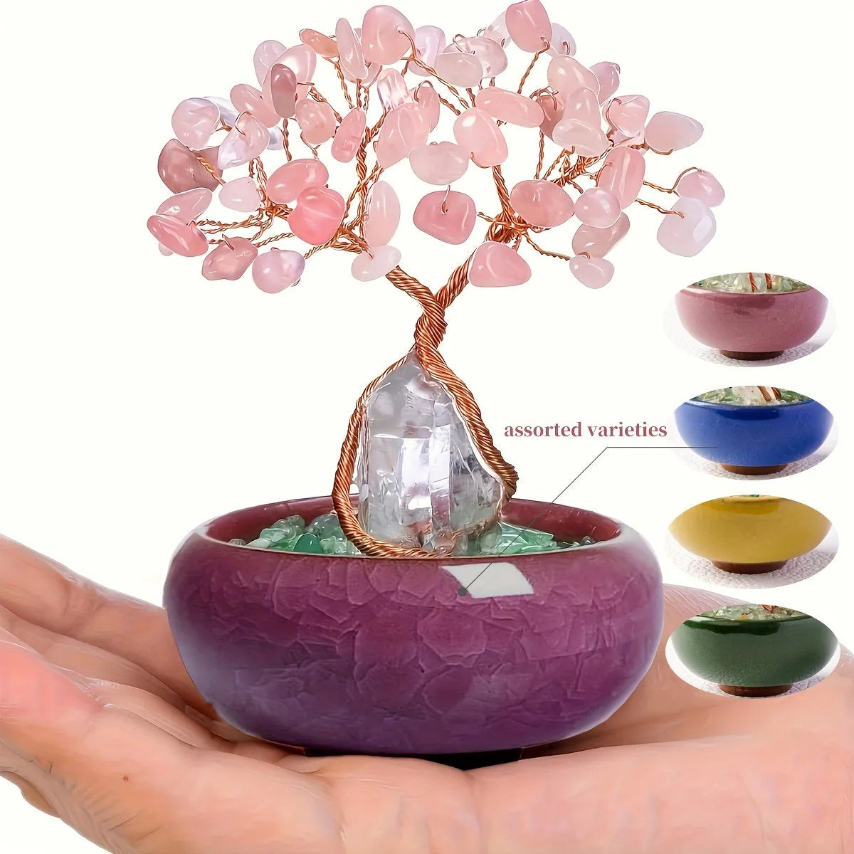 1pc Natural Rose Quartz Crystal Tree with Stump, Crushed Sto