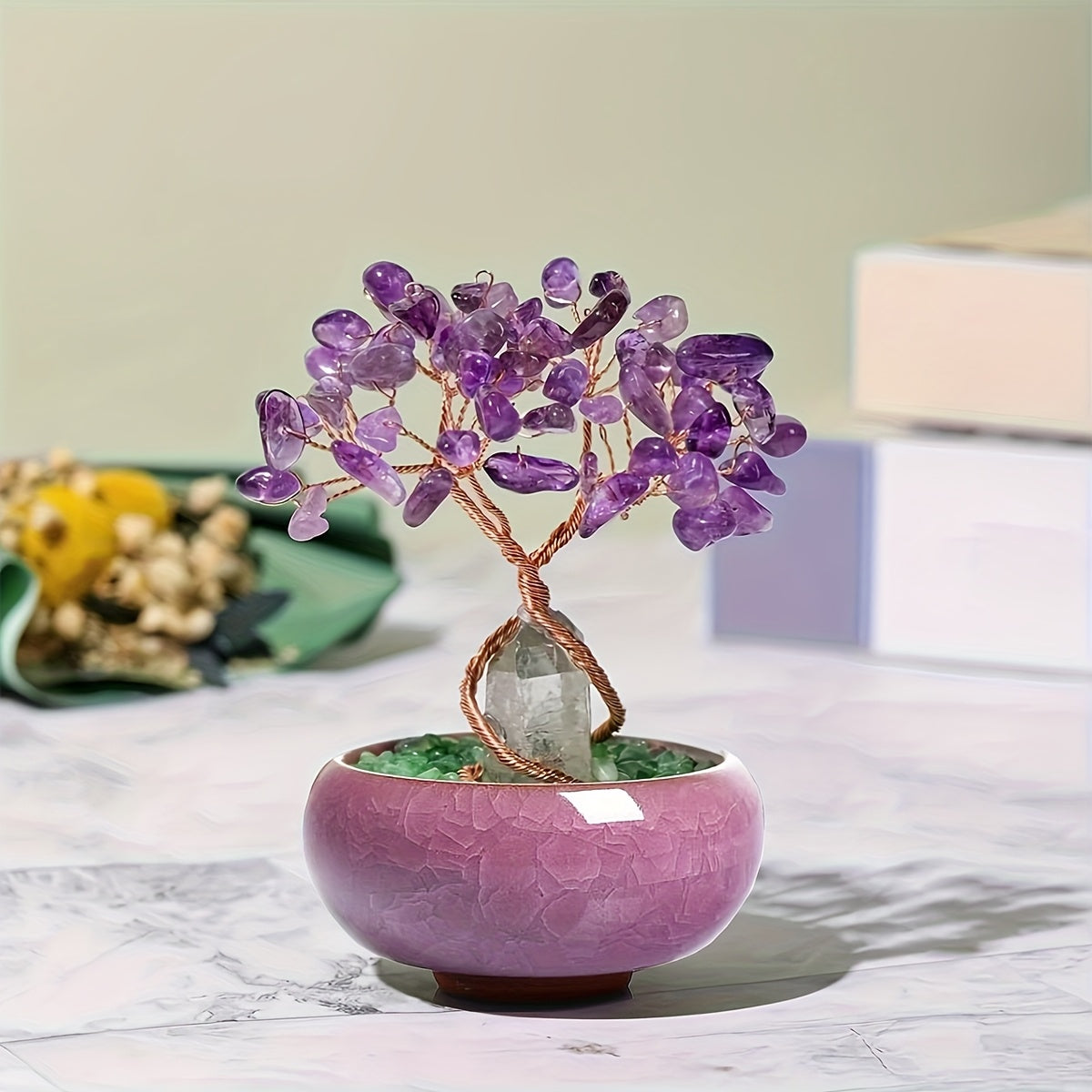 1pc Natural Rose Quartz Crystal Tree with Stump, Crushed Sto