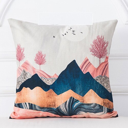 Mountain Tree Sunrise Oil Painting Cushion Cover