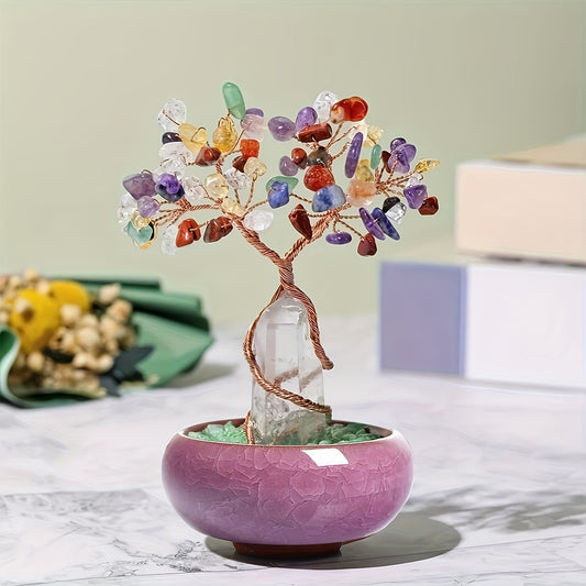 1pc Natural Rose Quartz Crystal Tree with Stump, Crushed Sto