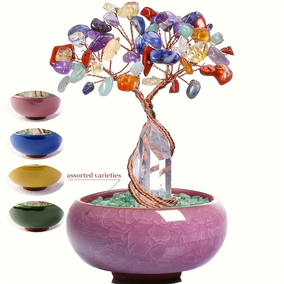 1pc Natural Rose Quartz Crystal Tree with Stump, Crushed Sto