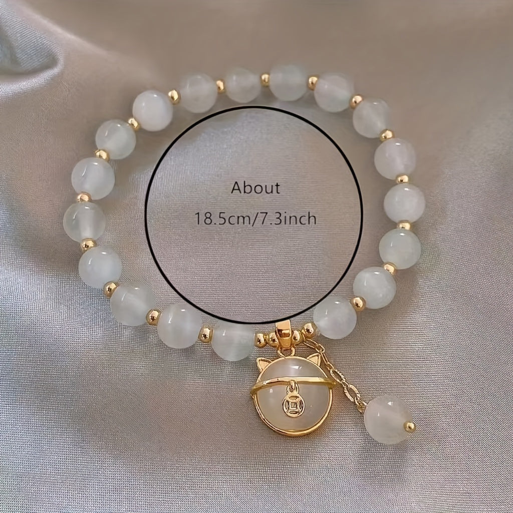 Opal Beaded Bracelet with Cat Pendant – Stylish Gift for Any Occasion