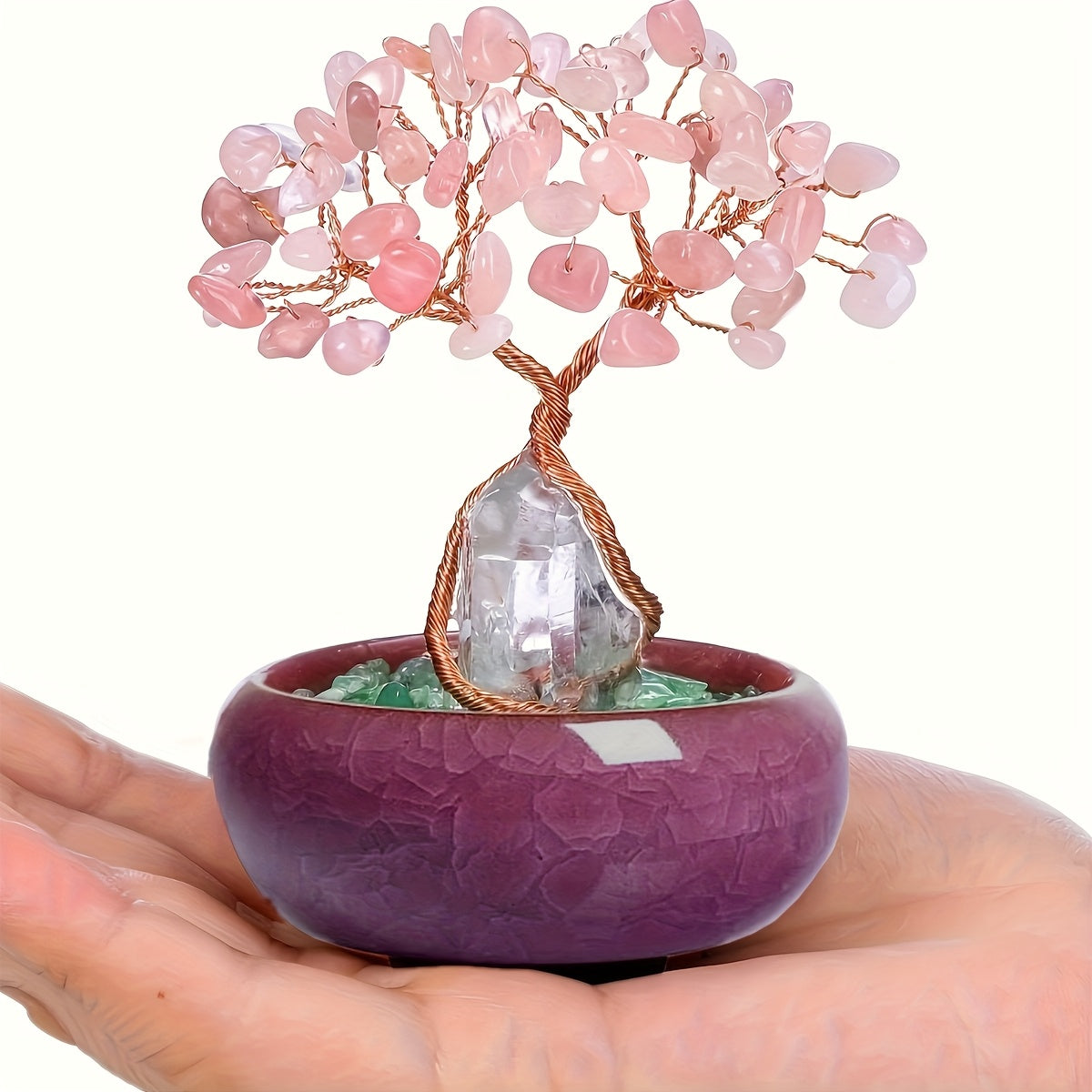 1pc Natural Rose Quartz Crystal Tree with Stump, Crushed Sto