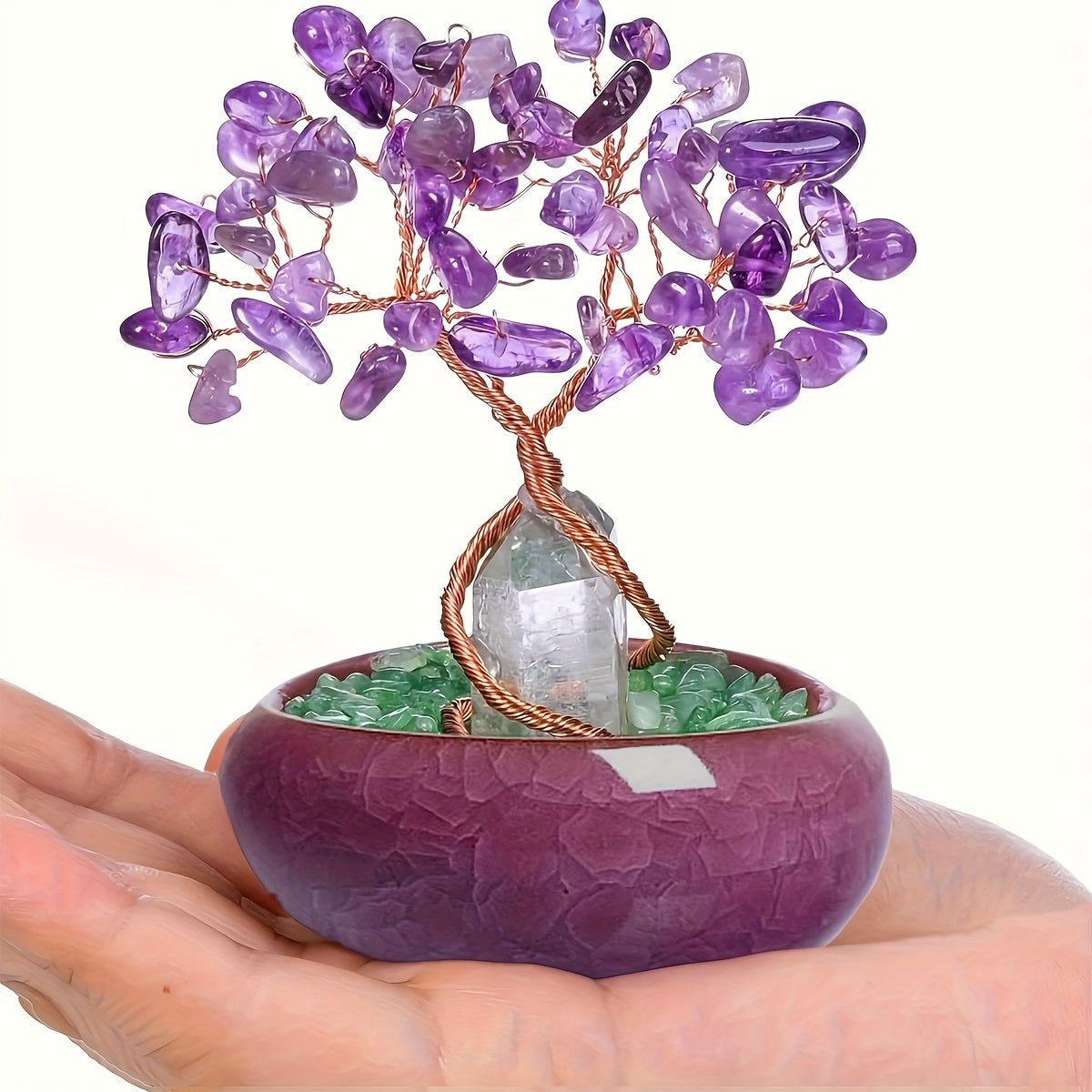 1pc Natural Rose Quartz Crystal Tree with Stump, Crushed Sto