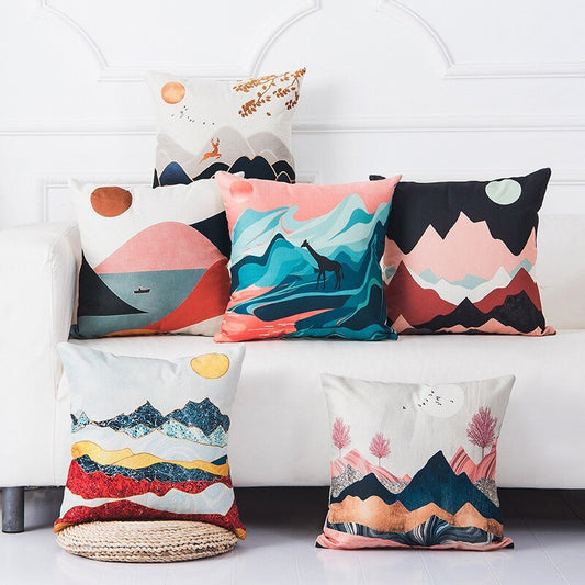 Mountain Tree Sunrise Oil Painting Cushion Cover