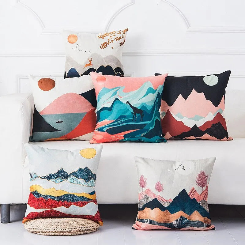 Mountain Tree Sunrise Oil Painting Cushion Cover