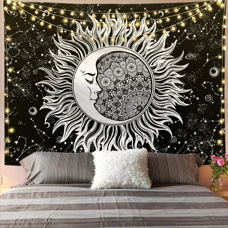Mandala Tapestry For Home Decor White Black Sun And Moon