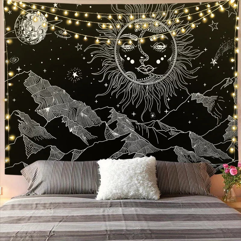 Mandala Tapestry For Home Decor White Black Sun And Moon