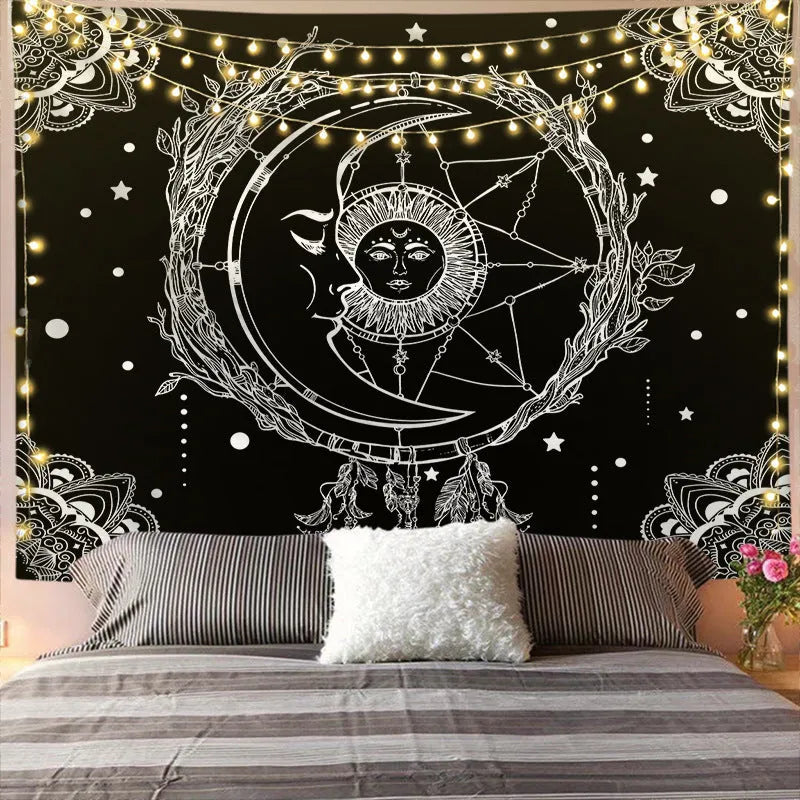 Mandala Tapestry For Home Decor White Black Sun And Moon