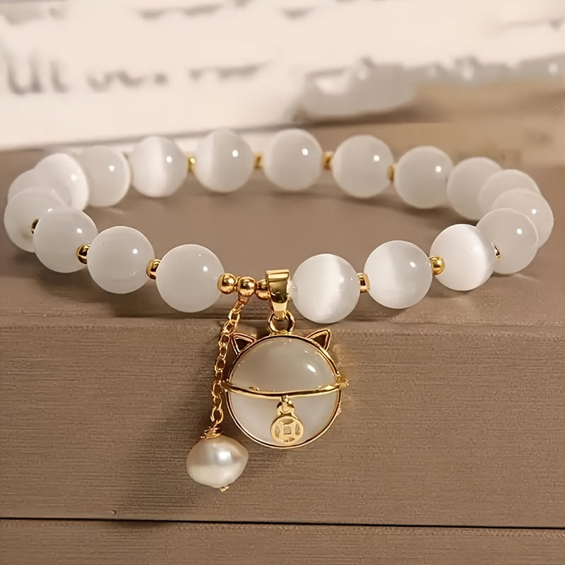 Opal Beaded Bracelet with Cat Pendant – Stylish Gift for Any Occasion