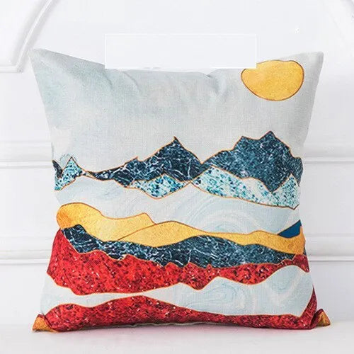 Mountain Tree Sunrise Oil Painting Cushion Cover
