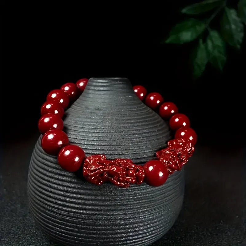 Raw Cinnabar Pixiu Bracelet – Traditional Mineral Wealth Talisman