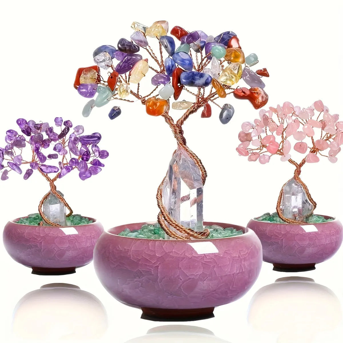 1pc Natural Rose Quartz Crystal Tree with Stump, Crushed Sto