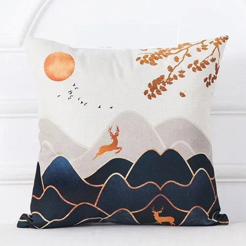 Mountain Tree Sunrise Oil Painting Cushion Cover