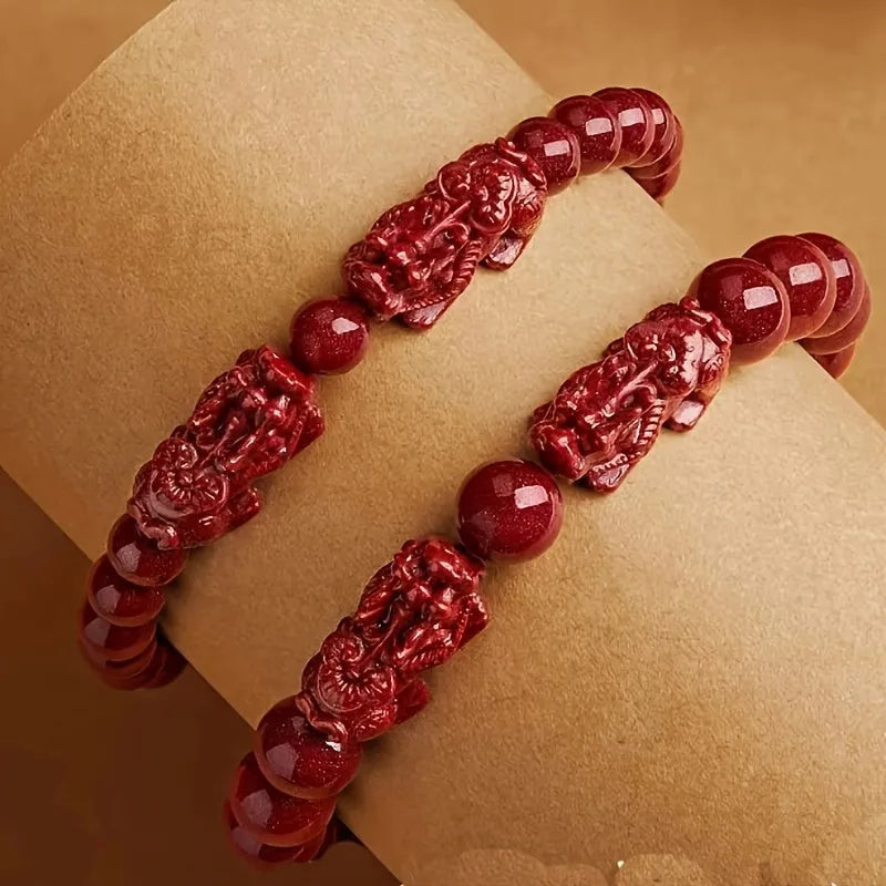 Raw Cinnabar Pixiu Bracelet – Traditional Mineral Wealth Talisman