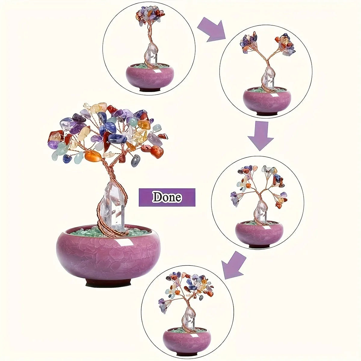 1pc Natural Rose Quartz Crystal Tree with Stump, Crushed Sto