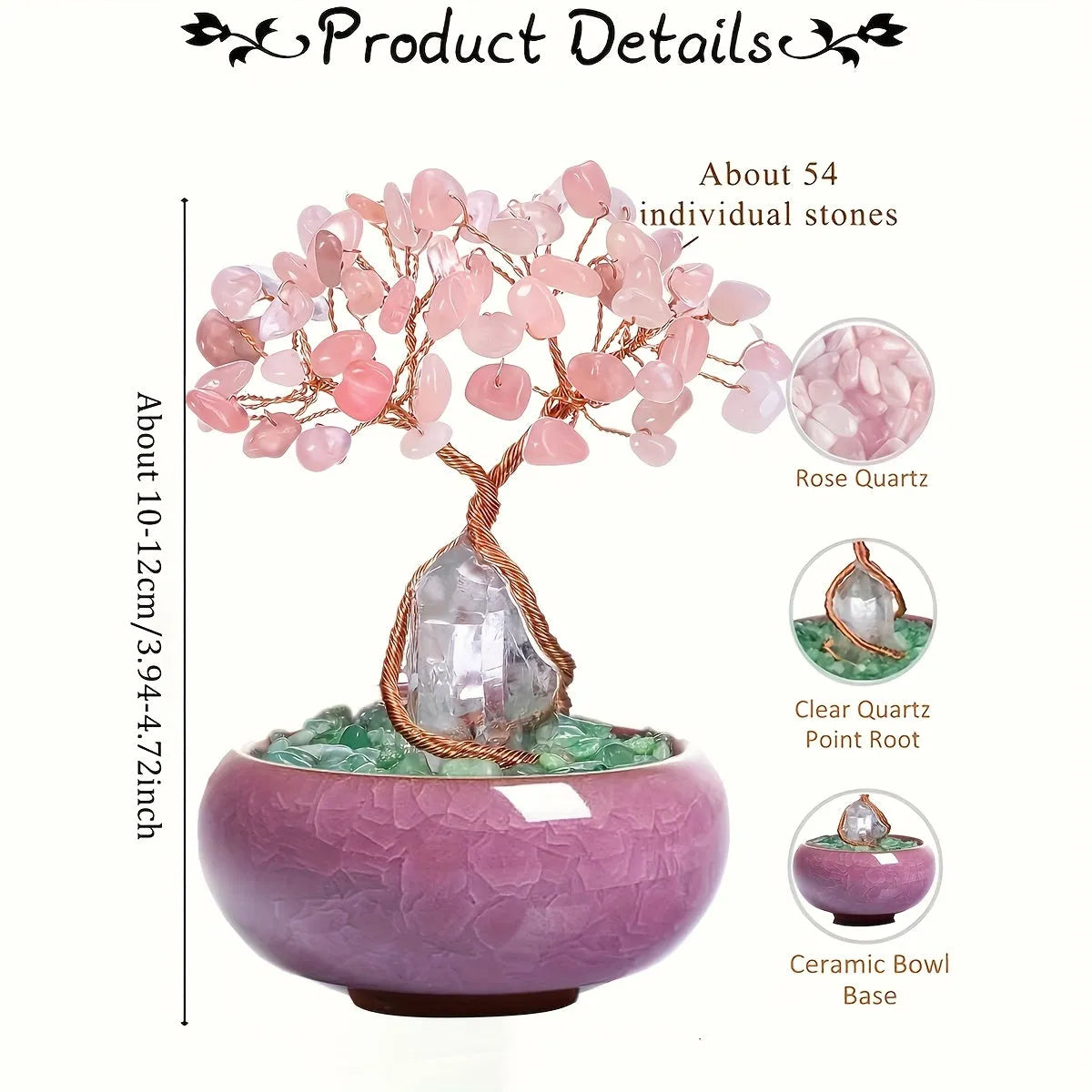 1pc Natural Rose Quartz Crystal Tree with Stump, Crushed Sto