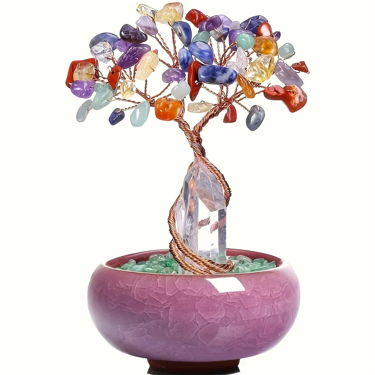 1pc Natural Rose Quartz Crystal Tree with Stump, Crushed Sto