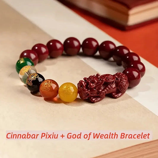 Cinnabar Pixiu Bracelet – Elastic Wealth Charm for Men & Women