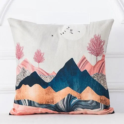 Mountain Tree Sunrise Oil Painting Cushion Cover