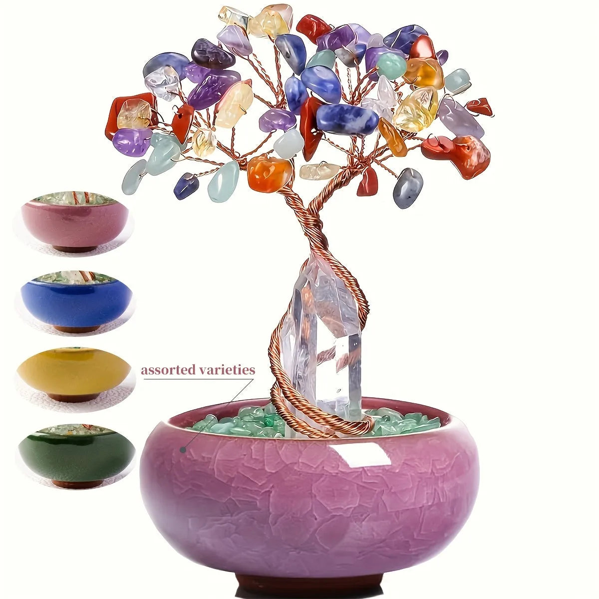 1pc Natural Rose Quartz Crystal Tree with Stump, Crushed Sto