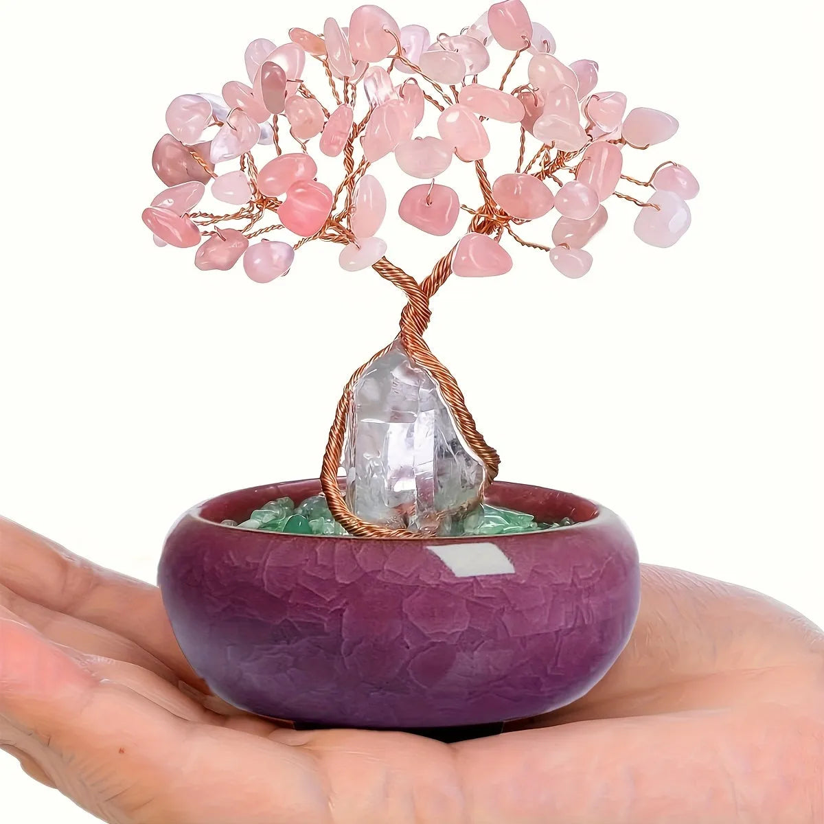 1pc Natural Rose Quartz Crystal Tree with Stump, Crushed Sto