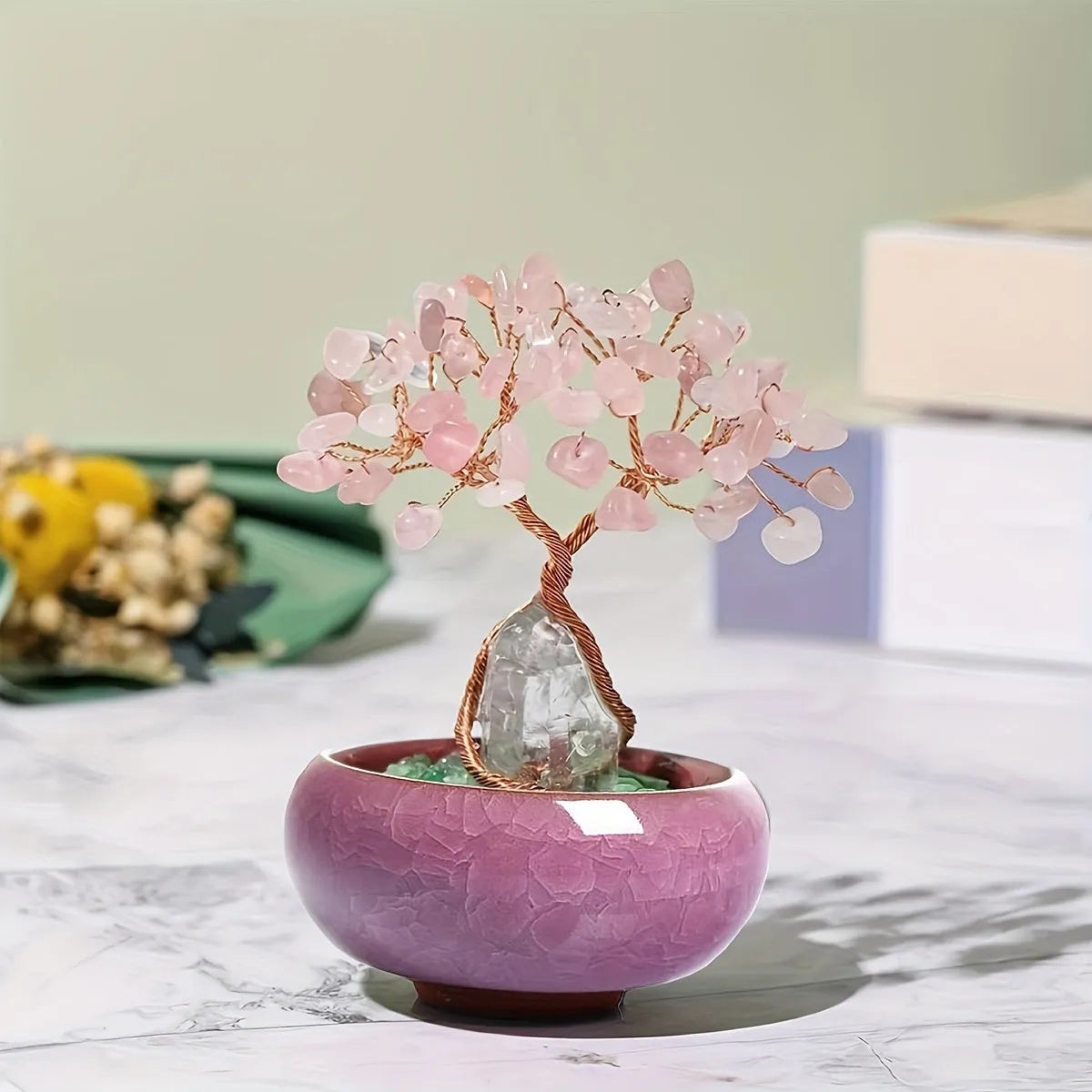 1pc Natural Rose Quartz Crystal Tree with Stump, Crushed Sto