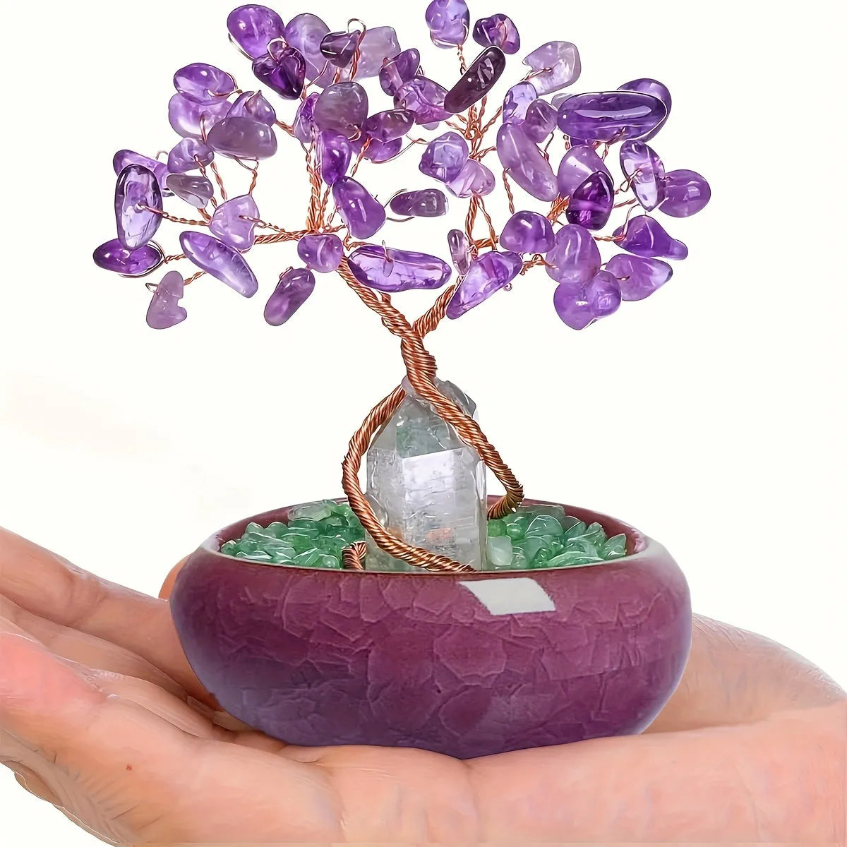 1pc Natural Rose Quartz Crystal Tree with Stump, Crushed Sto